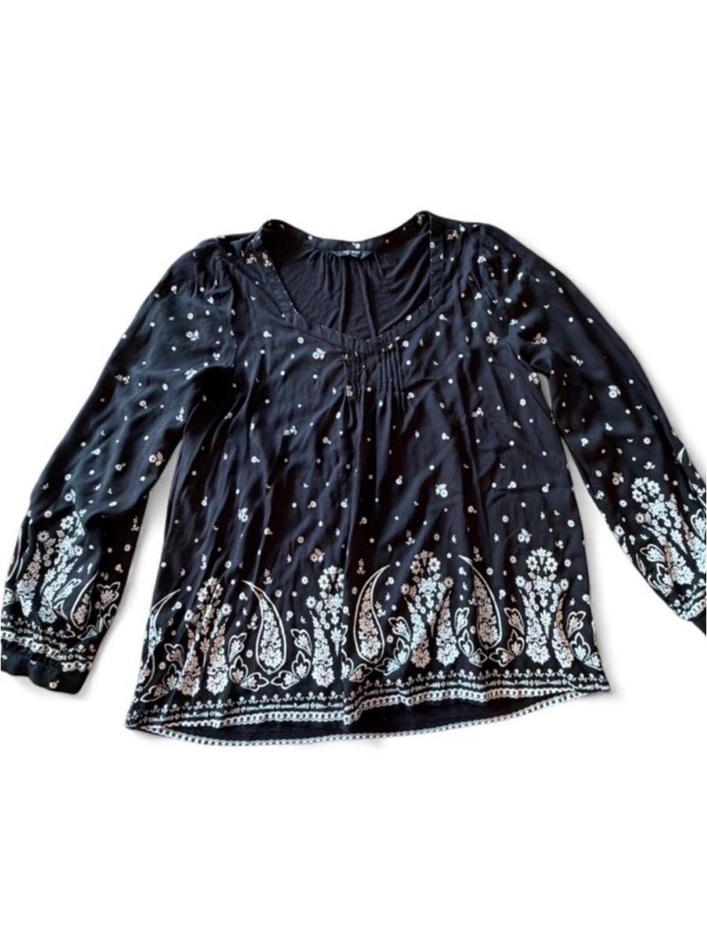 Lucky Brand Black Long-Sleeve Floral Border Blouse